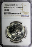 SWEDEN Silver 1966 U 5 Kronor NGC MS64 Constitution Reform 1 YEAR TYPE KM#839(7)