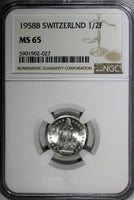 Switzerland Silver 1958 B 1/2 Franc Standing Helvetia NGC MS65 KM# 23 (027)