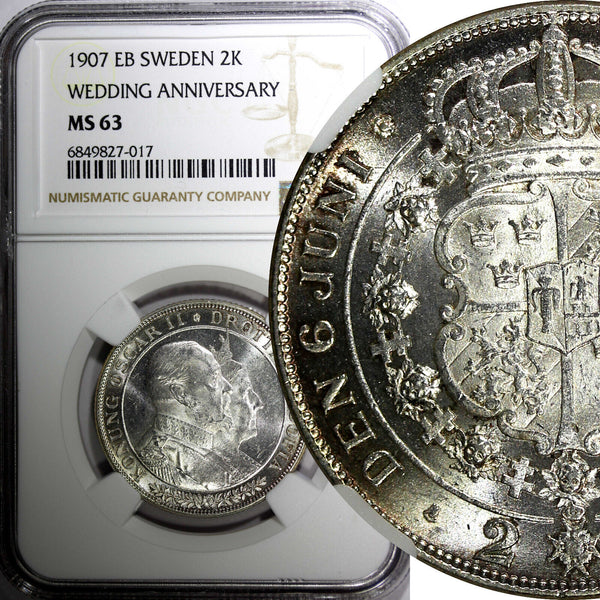 SWEDEN Oscar II Silver 1907 EB 2 Kronor NGC MS63 Golden Wedding Anniv.KM#776 (7)