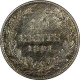 Netherlands Wilhelmina I Silver 1901 10 Cents VF Details Light Toning KM# 119