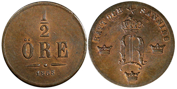 Sweden Oscar I Bronze 1858 1/2 Ore RED-BROWN UNC KM# 686 (21 889)