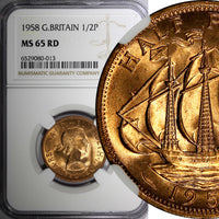 Great Britain Elizabeth II Bronze 1958 1/2 Penny NGC MS65 RD FULL RED KM#896 (3)