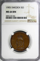 Sweden Oscar II 1905 5 Öre LAST YEAR NGC MS64 BN TOP GRADED BY NGC KM# 757 (042)