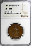 Sweden Oscar II 1905 5 Öre LAST YEAR NGC MS64 BN TOP GRADED BY NGC KM# 757 (042)