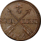 SWEDEN Gustav IV Adolf Copper 1805 1/4 Skilling CH.XF KM# 564 (21 166)