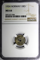 Norway Haakon VII Copper-Nickel 1924 10 Ore NGC MS64 1st YEAR TYPE KM# 383 (084)