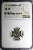 Norway Haakon VII Copper-Nickel 1924 10 Ore NGC MS64 1st YEAR TYPE KM# 383 (084)