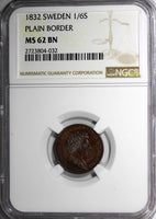 SWEDEN Carl XIV Johan 1832 1/6 Skilling NGC MS62 BN PLAIN BORDER KM# 634 (032)