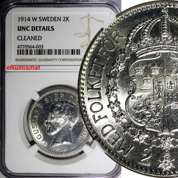 SWEDEN Gustaf V Silver 1914 W 2 Kronor NGC UNC DETAIL SCARCE DATE KM# 787 (003)