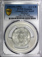 Morocco Silver AH1314(1896) 2-1/2 Dirhams Paris PCGS UNC DETAILS Lec-140,Y# 11.2