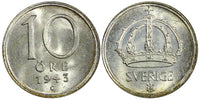 Sweden Gustaf V (1907-1950) Silver 1943 G 10 Öre BU KM# 813 (22 069)