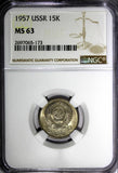 Russia USSR Copper-Nickel 1957 15 Kopeks NGC MS63 1 YEAR TYPE Y# 124