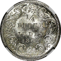 India-British Victoria Silver 1862 (C) 1/4 Rupee Calcutta NGC MS64 KM# 470 (029)