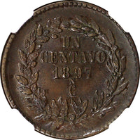 Mexico SECOND REP.1897 CN 1 Centavo Large"N" NGC MS64 BN 1 GRADED HIGHER KM391.1