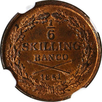 SWEDEN Oscar I Copper 1851 1/6 Skilling Banco NGC MS64 RB TOP GRADED KM# 656/073