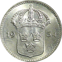 SWEDEN Gustaf V Silver 1934 G 10 Öre GEM BU TONED KM# 780 (21 901)