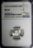 SWEDEN GUSTAF V SILVER 1919 W 25 Ore NGC MS63 KM# 785 (172)