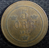 Sweden Oscar II Bronze 1907 EB 5 Öre  KM# 770 (23 171)