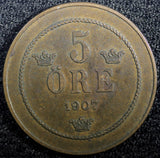 Sweden Oscar II Bronze 1907 EB 5 Öre  KM# 770 (23 171)