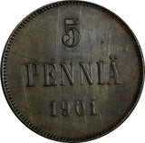 Finland Nicholas II Copper 1901 5 Penniä Toned Mintage-625,000 KM# 15 (17 312)