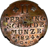 German BRUNSWICK-WOLFENBÜTTEL 1824 2 Pfennige NGC MS63 RB TOP GRADE KM1108(129)