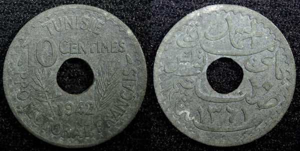 TUNISIA  Zinc 1942 10 Centimes WWII Issue TONED KM# 267 (23 010)