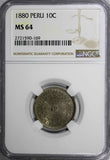 PERU PROVISIONAL Copper-Nickel 1880 10 Centavos NGC MS64 KM# 198