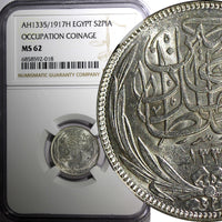 Egypt Occupation Coinage Silver AH1335/1917 H 2 Piastres NGC MS62 KM# 317.2 (18)