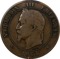 France  Napoleon III Bronze 1864 A 10 Centimes Paris Mint SCARCE KM# 798.1 (935)