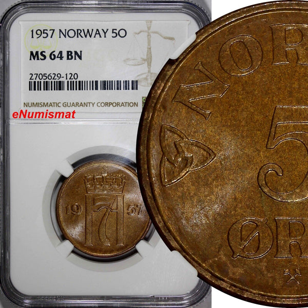 Norway Haakon VII Bronze 1957 5 Ore NGC MS64 BN LAST YEAR TYPE  KM# 400 (120)