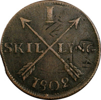 SWEDEN Gustaf IV Adolf 1802 1 Skilling OVERSTRUCK on 2 Ore (1743-1768) KM# 566