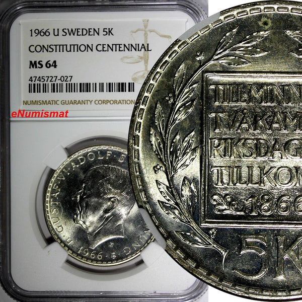 SWEDEN Silver 1966 U 5 Kronor NGC MS64 Constitution Reform 1 YEAR TYPE KM#839(7)