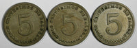 Panama LOT OF 3 COINS Copper-Nickel 1929,1932 5 Centesimos KM# 9 (17 927)