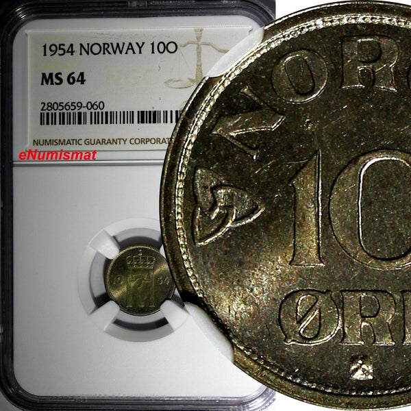 Norway Haakon VII Copper-Nickel 1954 10 Ore NGC MS64 KM# 396 (060)