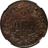 SWEDEN Oscar II Bronze 1873 2 Ore NGC MS63 BN Nice Toning 1 YEAR TYPE KM# 729(2)