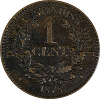 Danish West Indies Christian IX Bronze 1878 1 Cent Better Date KM# 68 (19 572)