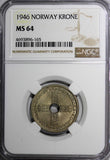 Norway Haakon VII Copper-Nickel 1946 1 Krone NGC MS64 TONED SCARCE KM# 385 (165)