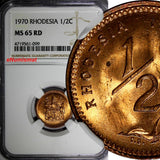 Rhodesia Bronze 1970 1/2 Cent NGC MS65 RD FULL RED KM# 9 (099)