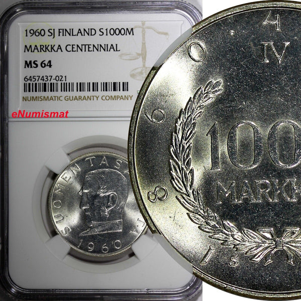 FINLAND Silver 1960 S J 1000 Markkaa Snellman Mintage-201,000 NGC MS64 KM# 43(1)