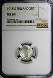 Finland Nicholas II Silver 1915 S 25 Pennia NGC MS64 WWI GEM BU KM #6.2 (022)