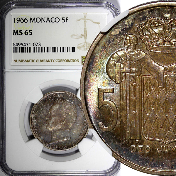 Monaco Silver 1966 5 Francs NGC MS65 TOP GRADED NICE RAINBOW TONED KM# 141 (23)