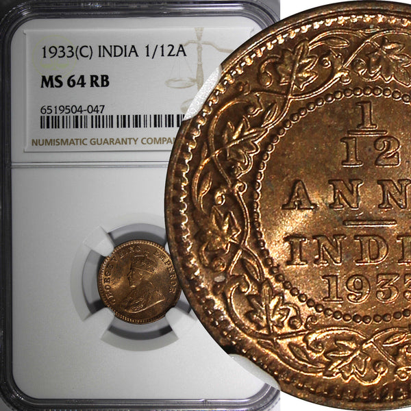 India-British George V Bronze 1933 (C) 1/12 Anna NGC MS64 RB KM# 509(5)