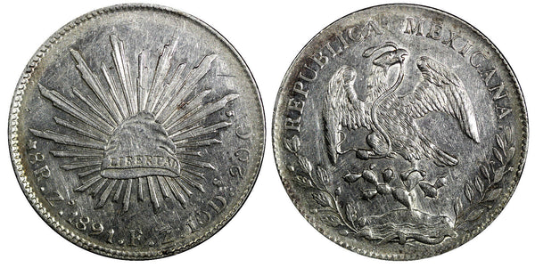 Mexico FIRST REPUBLIC Silver 1891 Zs FZ 8 Reales Zacatecas aUNC KM# 377.13 (151)
