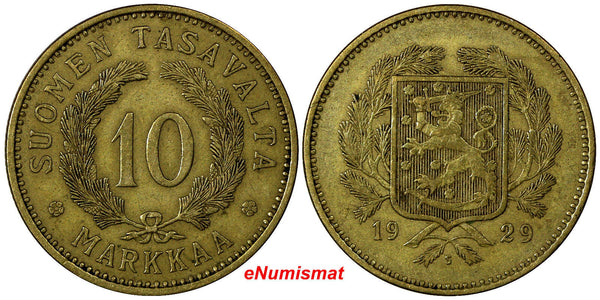 Finland Aluminum-Bronze 1929-S 10 Markkaa  VF Condition KM# 32A (10 206)