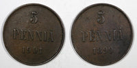 Finland Russia Nicholas II Copper LOT OF 2 COINS 1899, 1901 5 Pennia  KM# 15 (8)