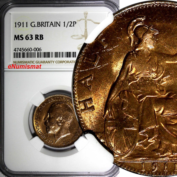 Great Britain George V Bronze 1911 1/2 Penny NGC MS63 RB 1st Date Type KM#809(6)
