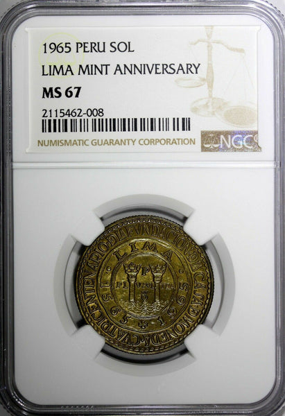 PERU Brass 1965 1 Sol NGC MS67 Anniversary Lima Mint TOP GRADED KM# 240 (008)