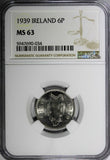 IRELAND Republic 1939 6 Pence NGC MS63 2 YEARS TYPE Irish Wolfhound KM# 13 (034)