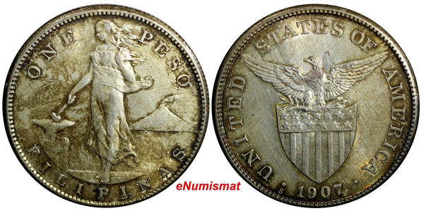 Philippines US Administration Silver 1907 S Peso 1st YEAR aUNC Toning KM# 172(8)