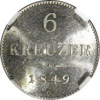 AUSTRIA Franz Joseph I Silver 1849 A 6 Kreuzer NGC MS63 KM#2200 (03)